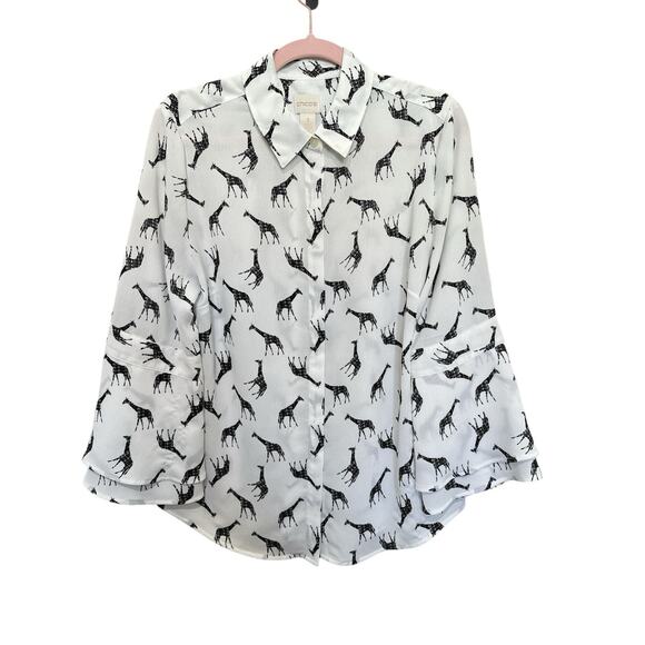 Chico's Whimsical Giraffe Blouse with bell sleeves. Size 1 - Picture 3 of 8